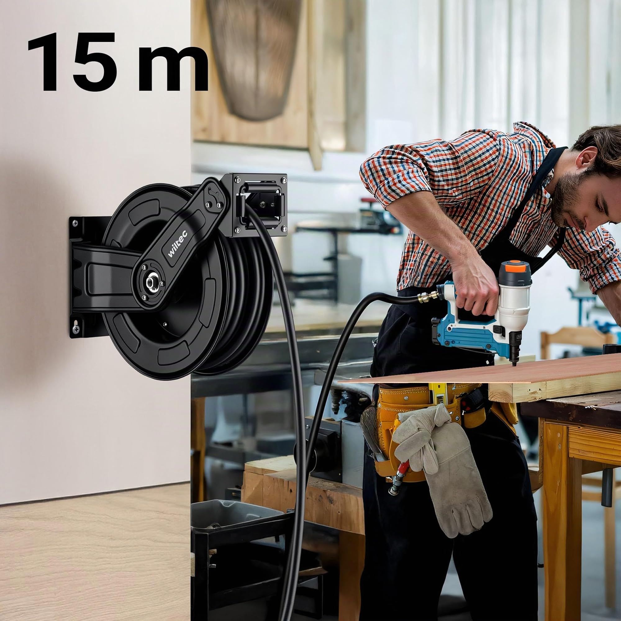 Wiltec Dévidoir automatique avec tuyau hybride 15 m + 1,5 m – Montage mural – En PVC, caoutchouc, acier – Enrouleur de tuyau pneumatique 20 bar – Pivotable à 180° – Connexion 1/4"