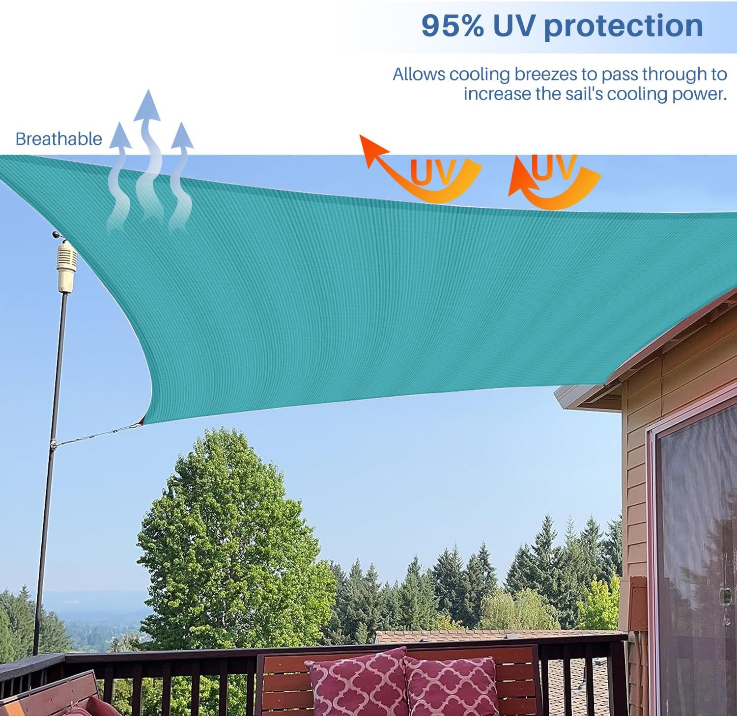 E&K Sunrise 8' x 8' Sun Shade Sail Rectangle Canopy Shade Cover UV Block for Patio Backyard Garden Outdoor (Turquoise)