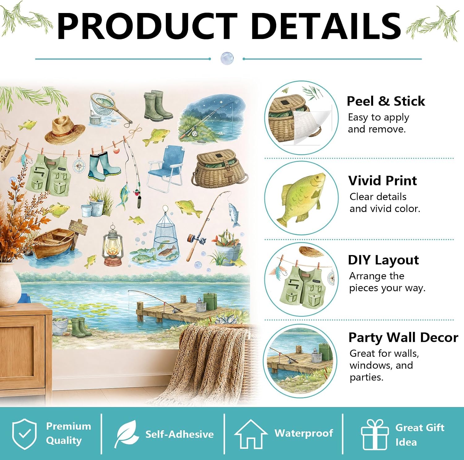 Fishing Wall Stickers Gone Fishing Birthday Party Decorations Vinyl Watercolor Funny Fish Wall Decals for Bedroom Living Room Playroom Nursery Room Birthday Baby Shower Party Supplies image 5