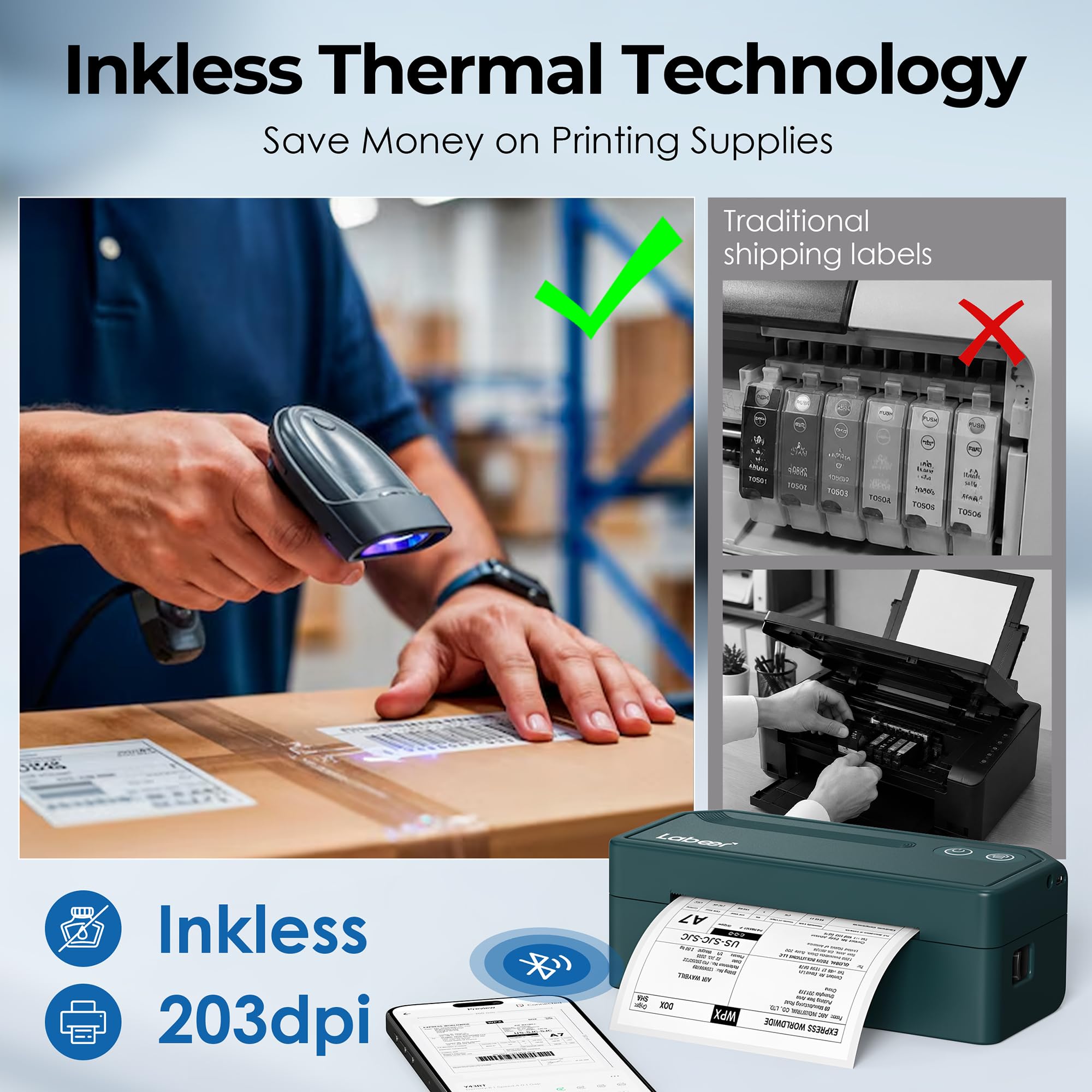 Labeer - Bluetooth Thermo-Etikettendrucker, kabelloser Etikettendrucker 4x6 für Versandpakete, Büro für kleine Unternehmen oder Zuhause, kompatibel mit Windows/Mac/iPhone/Amazon/Ebay