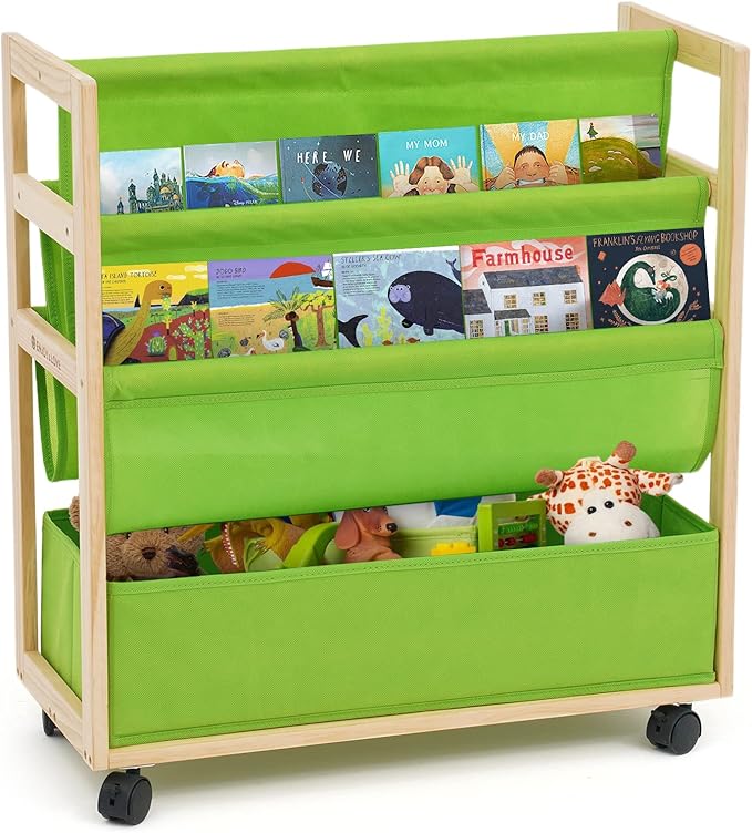 Kids Bookshelf with Large Storage Bins, Kids Sling Book Shelf with