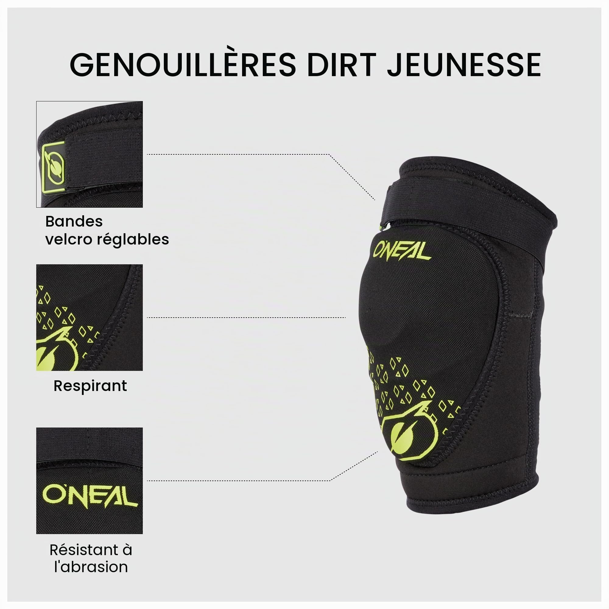 O'NEAL BMX VTT Downhill | IPX® - Protection contre les chocs en polyuréthane, construction légère, matériau résistant à l'abrasion | Dirt Knee Guard Youth V.23 | Noir jaune fluo | L-XL | Respirantes
