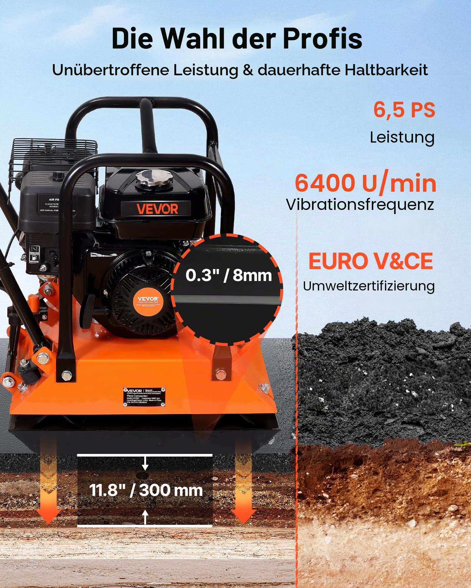 VEVOR Benzin Rüttelplatte, 6,5 PS (212 CC) Motor, 6400 U/min Vibrationsstampfer, 15 kN Verdichtungsdruck, Platte 530x400 mm, Handgeführter Rüttler für Pflasterarbeiten, Asphalt & Fundamente