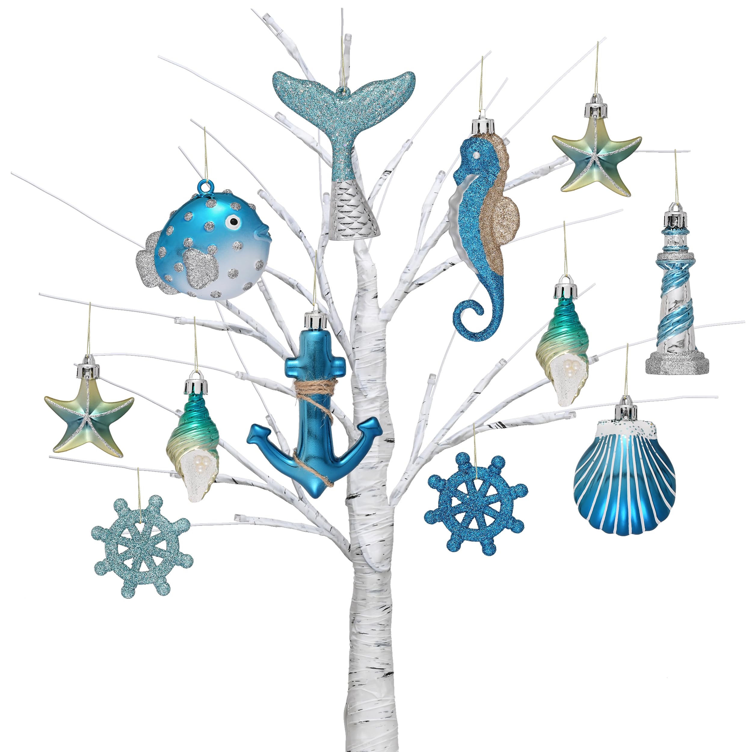 Valery Madelyn Summer Beach Ornaments for Small Tree, 12ct Shatterproof Christmas in July Decorations Seashell Starfish Ocean Coastal Nautical Marine Hanging Balls Bulk for Holiday Party Home Decor
