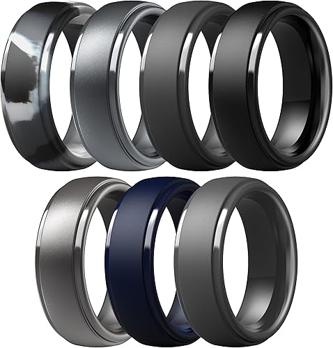 Miniatura 72 de ThunderFit Anillos de boda de silicona para hombre, 0.394 in de ancho y 0.098 in de grosor, paquete múltiple de variedad 1-7 Pack A: Negro
