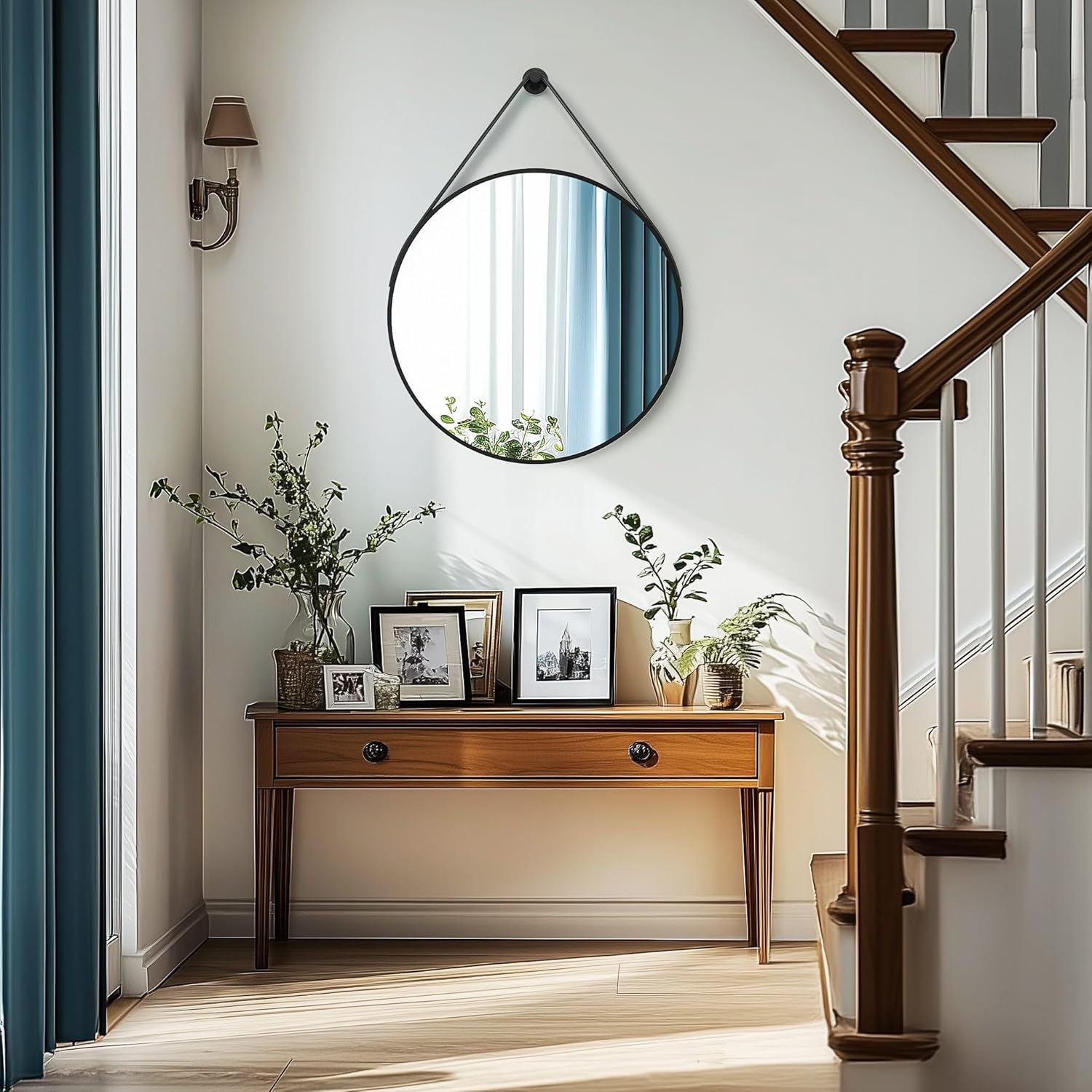 Hanging Wall Mirror with Strap Round Bathroom Vanity 24in Black Frame