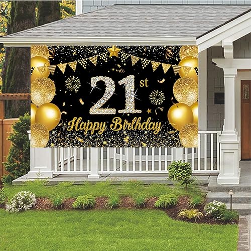 Miniatura 2 de Cartel de feliz cumpleaños 21 para decoración de fondo con 70.8 x 43.3 pulgadas, cartel brillante dorado de 21 cumpleaños para decoración de