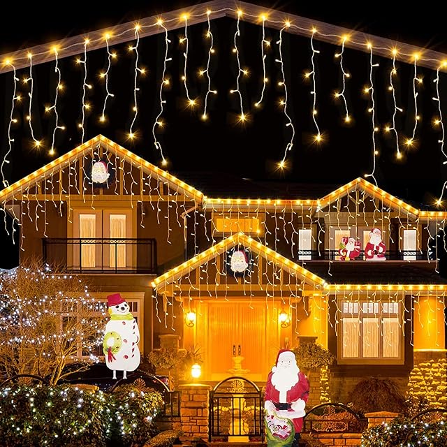 YMing Icicle Outdoor Christmas Lights Waterproof - 400 LED 10m Christmas Decorations Outdoor Fairy Light Mains Powered String Lighting for Outside Indoor Wall Party Warm White