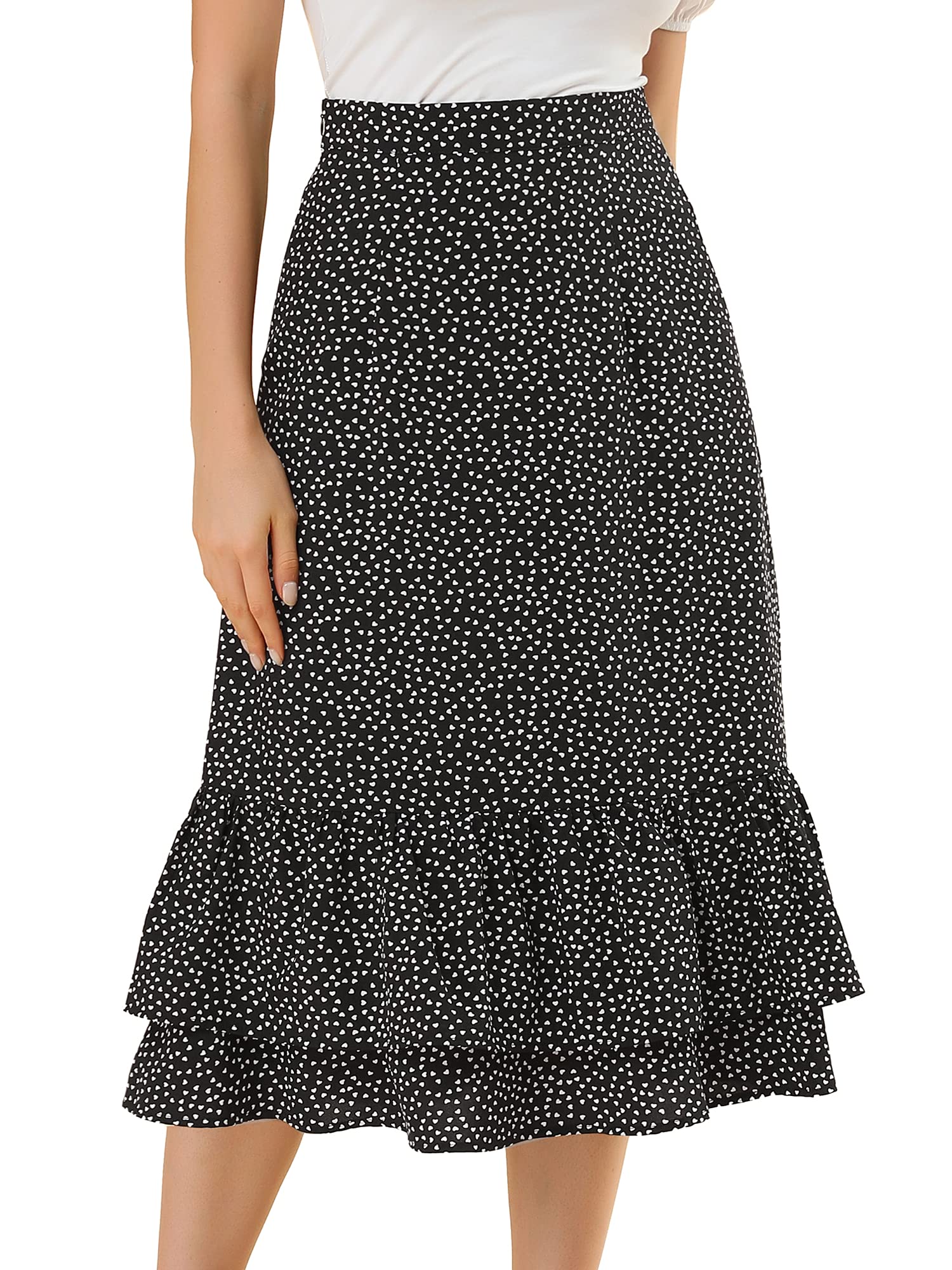 Allegra K Women's Printed Skirt 2025 Weekend Trendy Summer Chiffon Ruffle Tiered Flowy Midi Skirts, Black-Heart, M