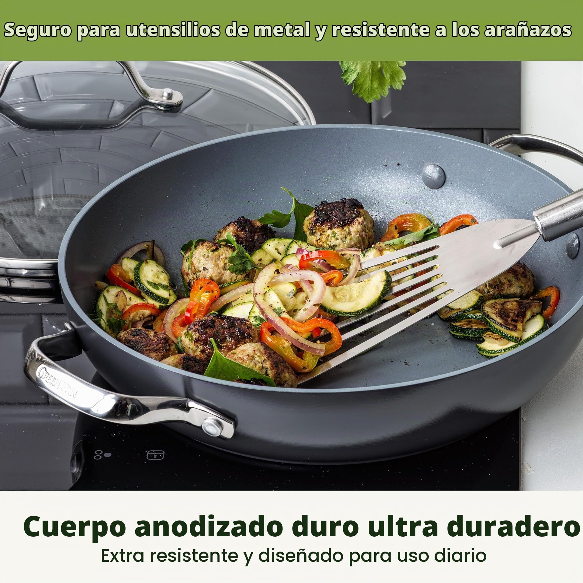GreenPan Valencia Pro Sartén de 28 cm con Tapa, Cerámica Saludable Anodizada Dura, Sin PFAS, Inducción, Apta para Lavavajillas, Apta para Horno, Gris