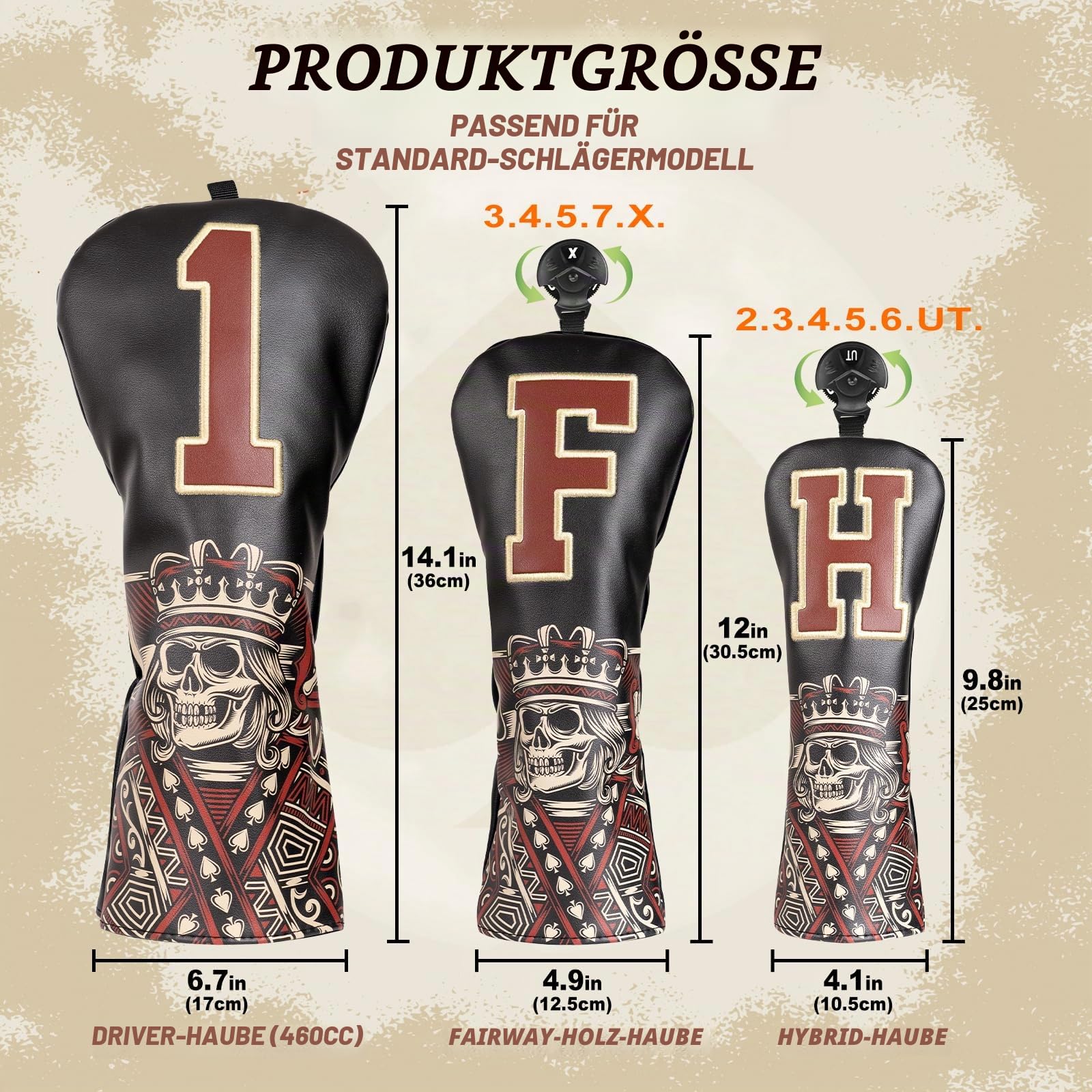 Golfschlägerhauben für Driver/Fairway/Hybrid/Putter 1FH, elastischer Verschluss, PU-Leder, Schwarz