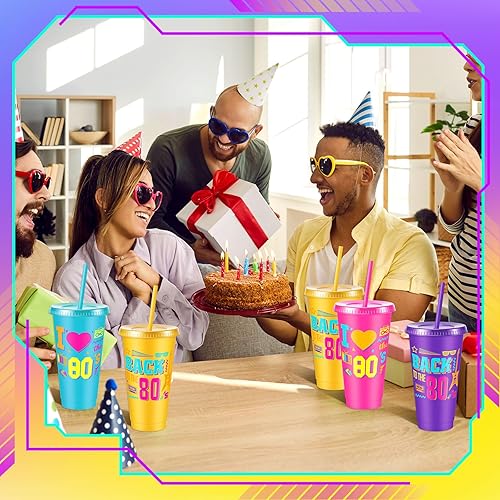 Miniatura 5 de Uiifan 12 vasos de plástico reutilizables de 24 onzas con tapa y pajilla, tazas retro para beber con temática de los años 80, decoración de