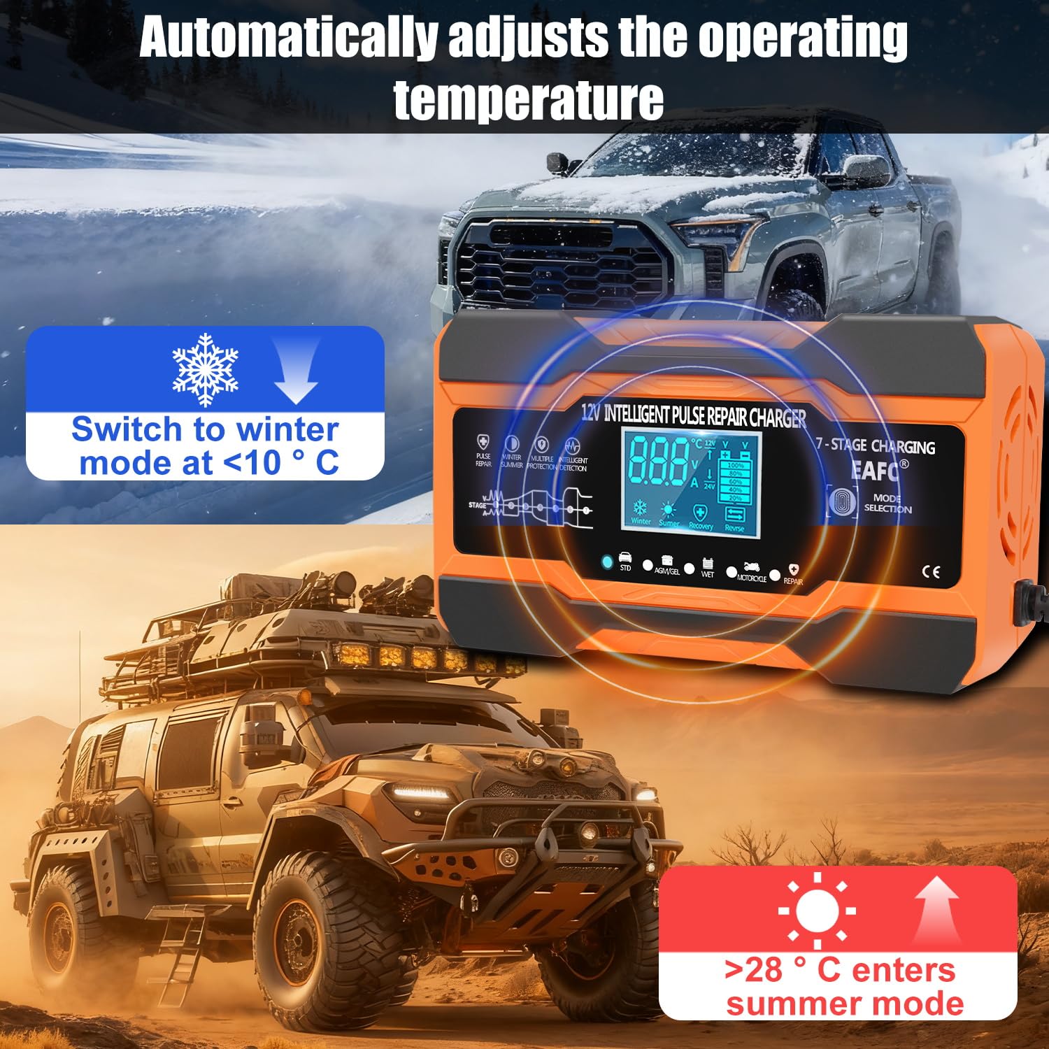 EAFC Caricabatterie per auto da 12 V 12 A e mantenitore della batteria, caricatore automatico a 7 stadi con modalità di riparazione, display LCD e compensazione della temperatura per batterie AGM, GEL