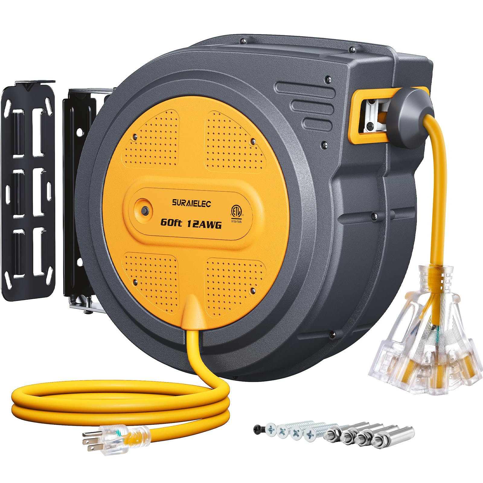 SURAIELEC 12 Gauge Extension Cord Reel, 60 FT Retractable Extension Cord, 12 AWG/3C SJTOW Heavy Duty Power Cord, 13 AMP Circuit Breaker, Lighted Triple Tap, Ceiling or Wall Mount, ETL Listed