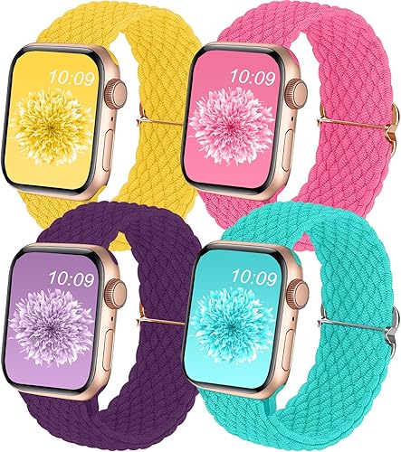 4Pack Correas trenzadas Solo Loop compatibles con Apple Watch de 38, 40, 41, 42, 44, 45, 46, 49 mm, correas de nylon trenzadas y elásticas lavables