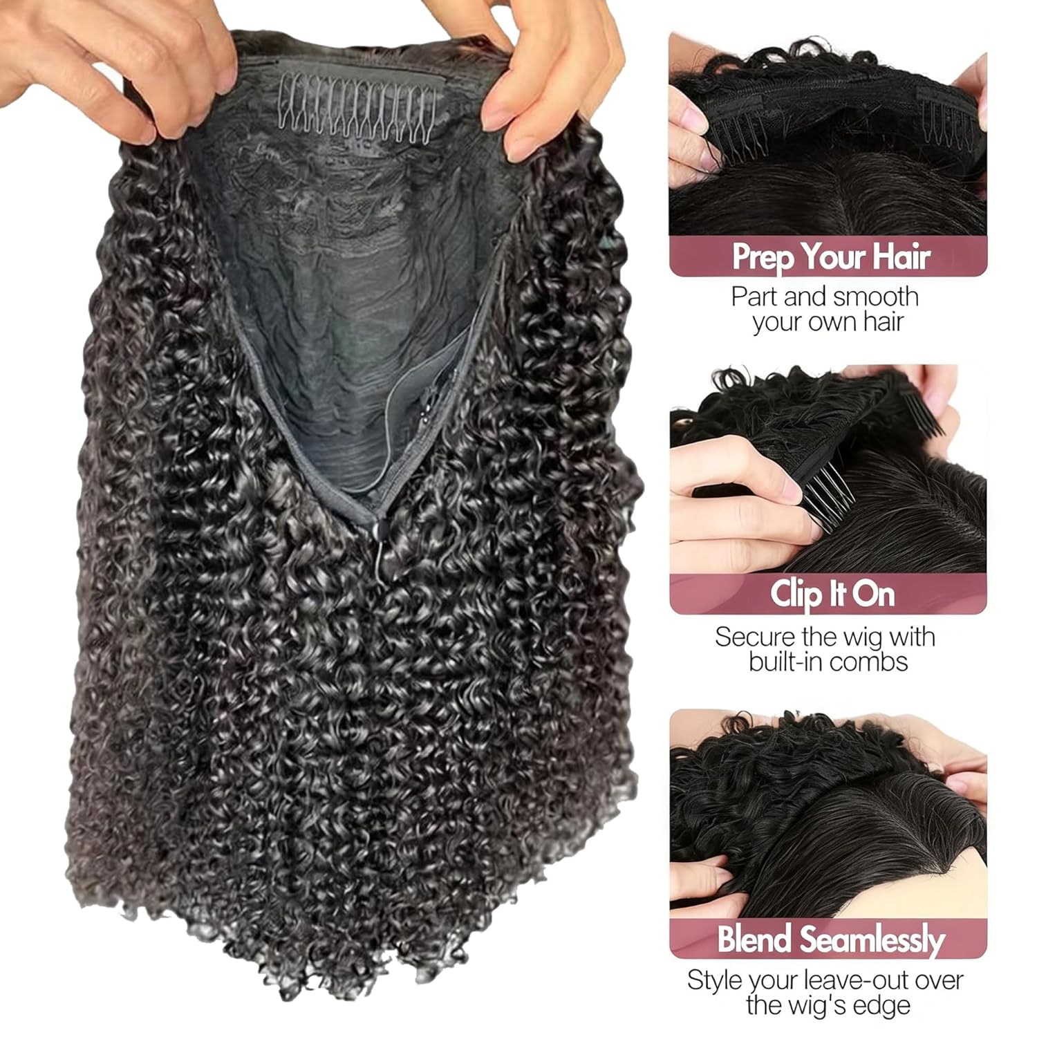 Burmese Curly Half Wig, Glueless Human Hair Wig Deep Water Wave Curly,3 In 1 Seamless Wig,Wear and Go, 200% Density Drawstring Wigs for Women,Fluffy Kinky Curly Wig,Beginner Friendly 24inch