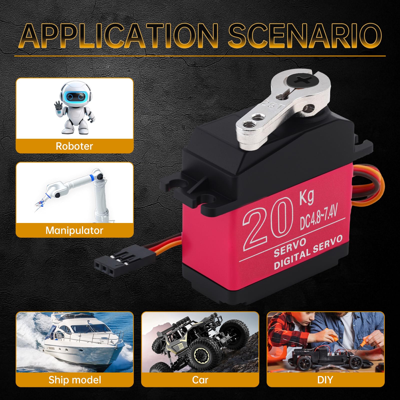 Paquete de 2 servomotores RC de 20 kg de alto par, servo de dirección de engranajes de metal completo con bocina servo de 25T para robot de coche RC de 1/8 1/10, ángulo de control de 180°