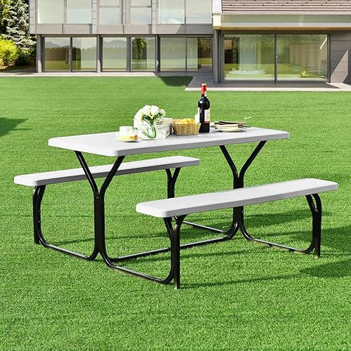 Miniatura 7 de ORALNER Mesa de picnic, mesa de comedor de resina y 2 bancos, mesa de plástico de grano de madera resistente a la intemperie y marco de acero, mesas