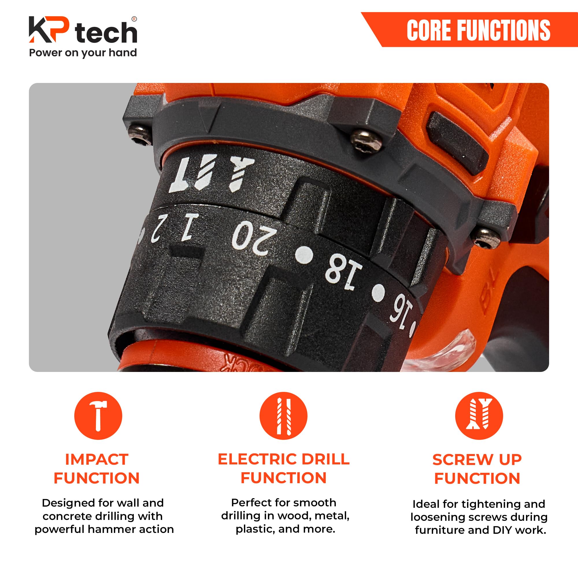 KP TECH 21V Cordless Drill Machine | 50-60NM Torque | Impact Drill