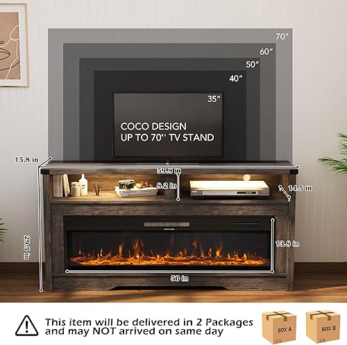 Miniatura 5 de COCO DESIGN Soporte de TV con chimenea, textura de madera multicolor, chimenea eléctrica de 50 pulgadas con armario de almacenamiento con reflejos,