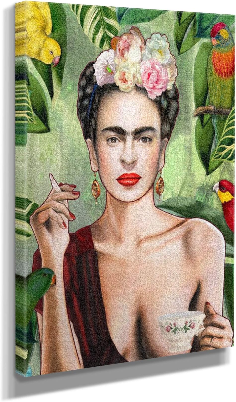 Frida Kahlo Con Amigos - Tea Cup & Birds Jungle & Frida Kahlo Canvas Art Wall Art Home Decor (12in x 18in Gallery Wrapped, Frida Con Amigos)