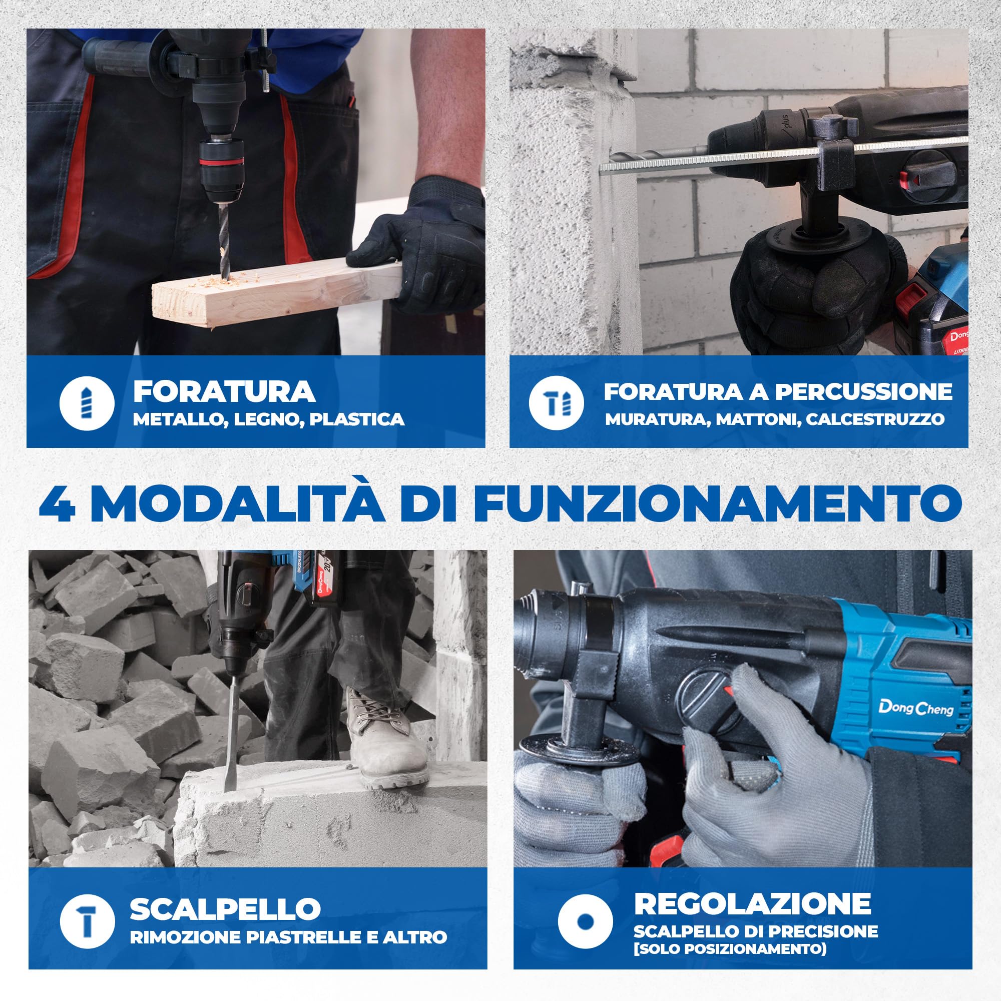 DongCheng Tassellatore a Batteria 18V, Perforatore Senza Spazzole 2.8J, 4 Punte SDS-Plus, Foratura 28mm, Anti-Vibrazione, Kit con Batteria 4Ah e Caricabatterie in Valigetta