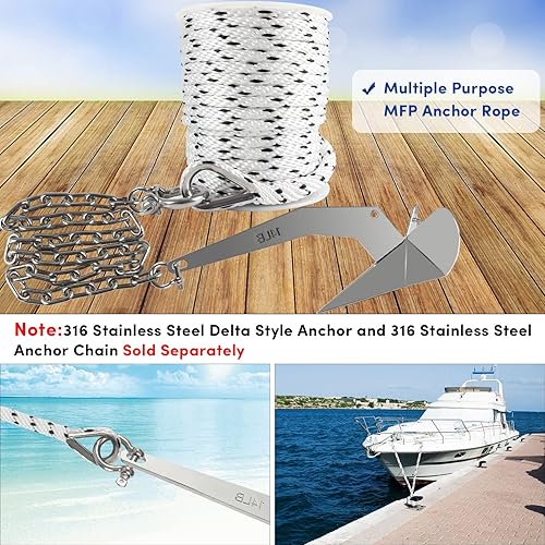 Vista 76 de Cuerda de anclaje premium de 100 pies x 3/8 pulgadas, cuerda marina de línea de anclaje MFP trenzada sólida con dedal y grillete, color negro