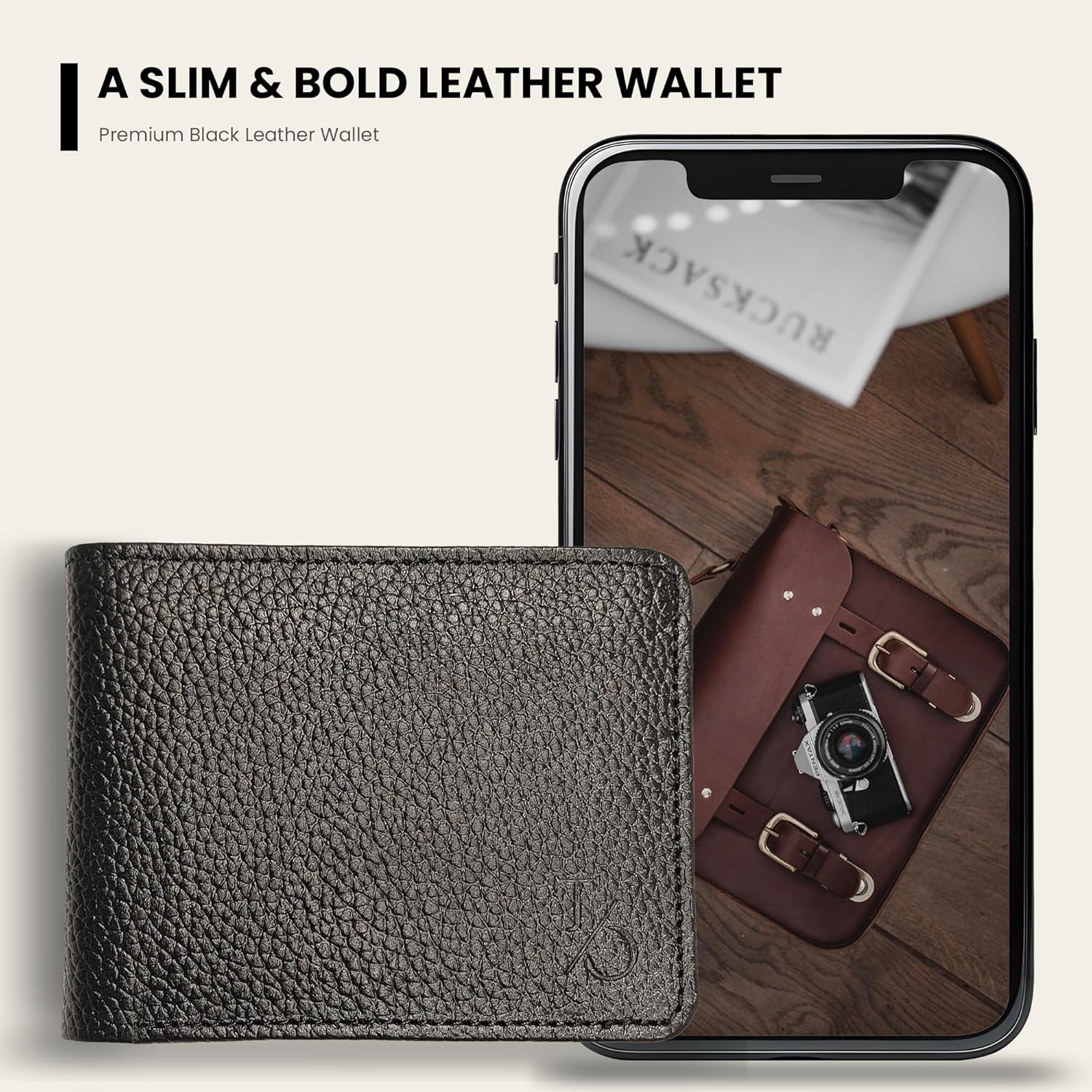 Men Leather Wallet Bifold Full Grain Wallets Pocket with 6 Card Slots (Black) - Image 5