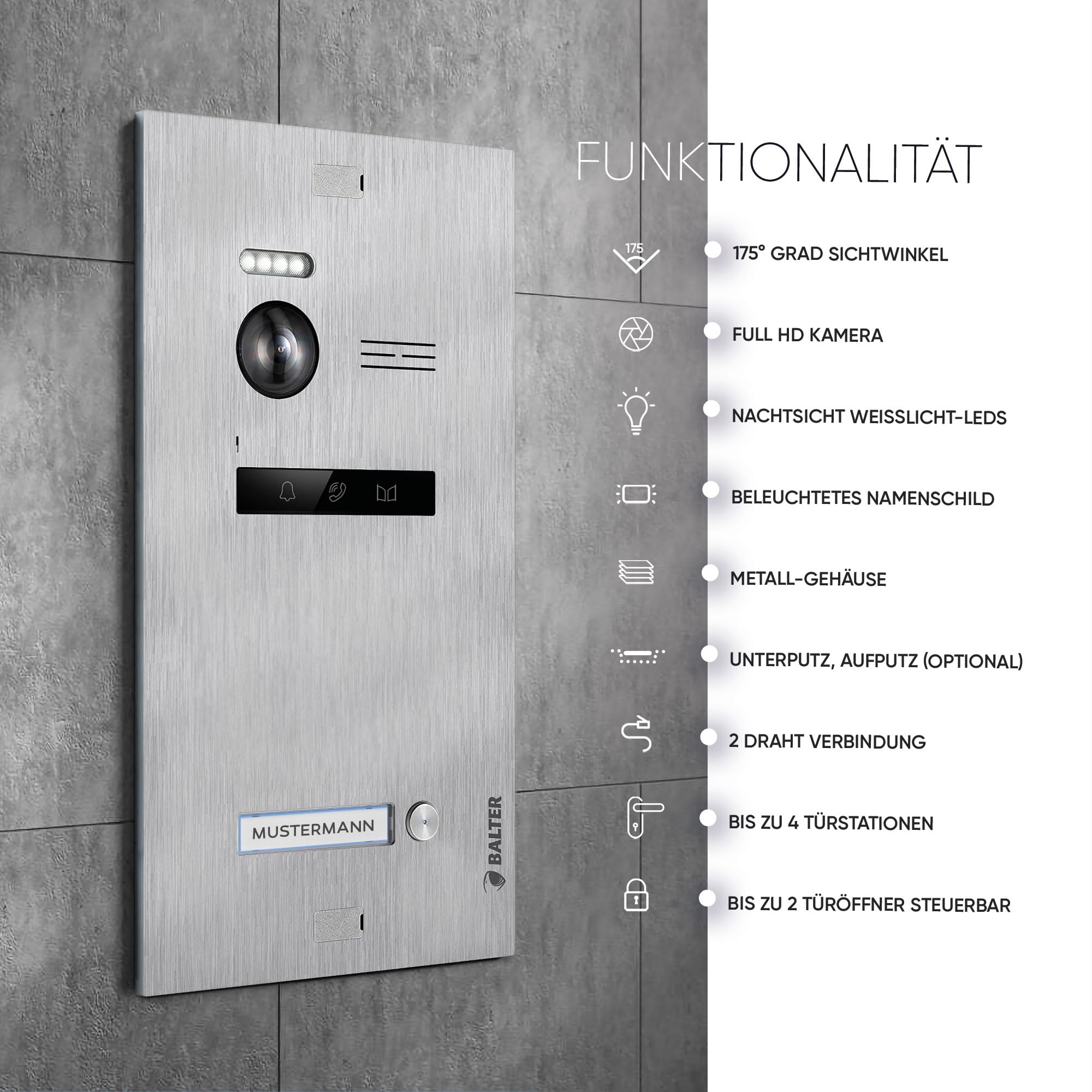 Balter EVO-HD Video Türsprechanlage, Video Türklingel, Smartphone App, 1 Familienhaus Klingel, 2X 7 Zoll HD-Monitore, Full HD-Kamera, 2 Draht Bus, Gegensprechanlage mit 175° Weitwinkel