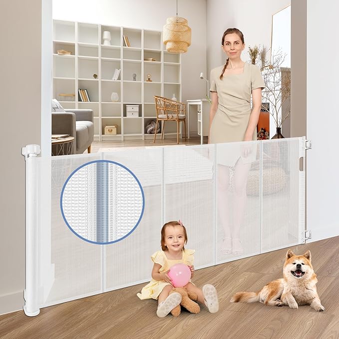 Reinforced Retractable Baby Gates with Support Rod 60" Wide