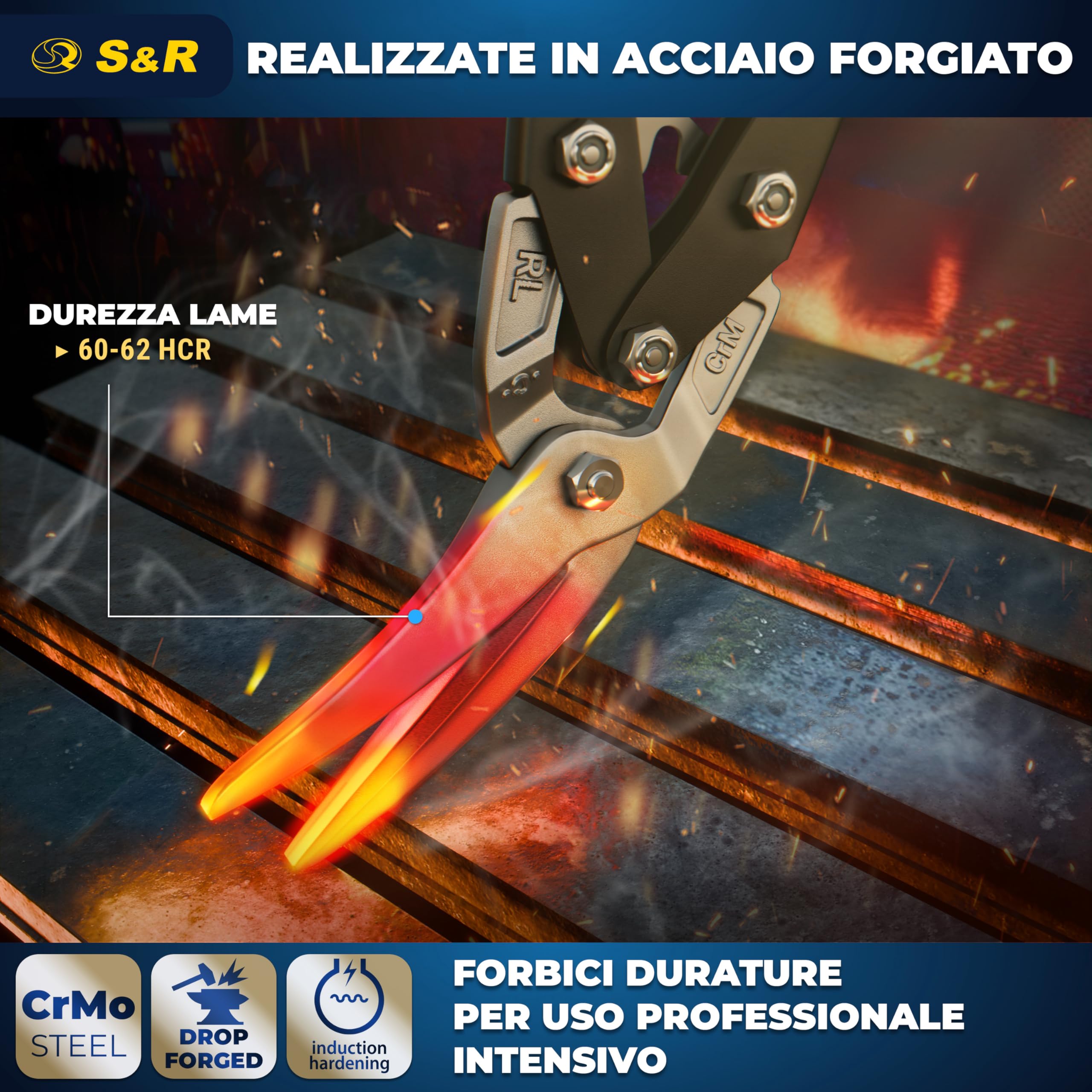 S&R Cesoie per Lamiera Professionali 280 mm, Taglio a Destra, Lame CrMo 48 mm per Acciaio Inox