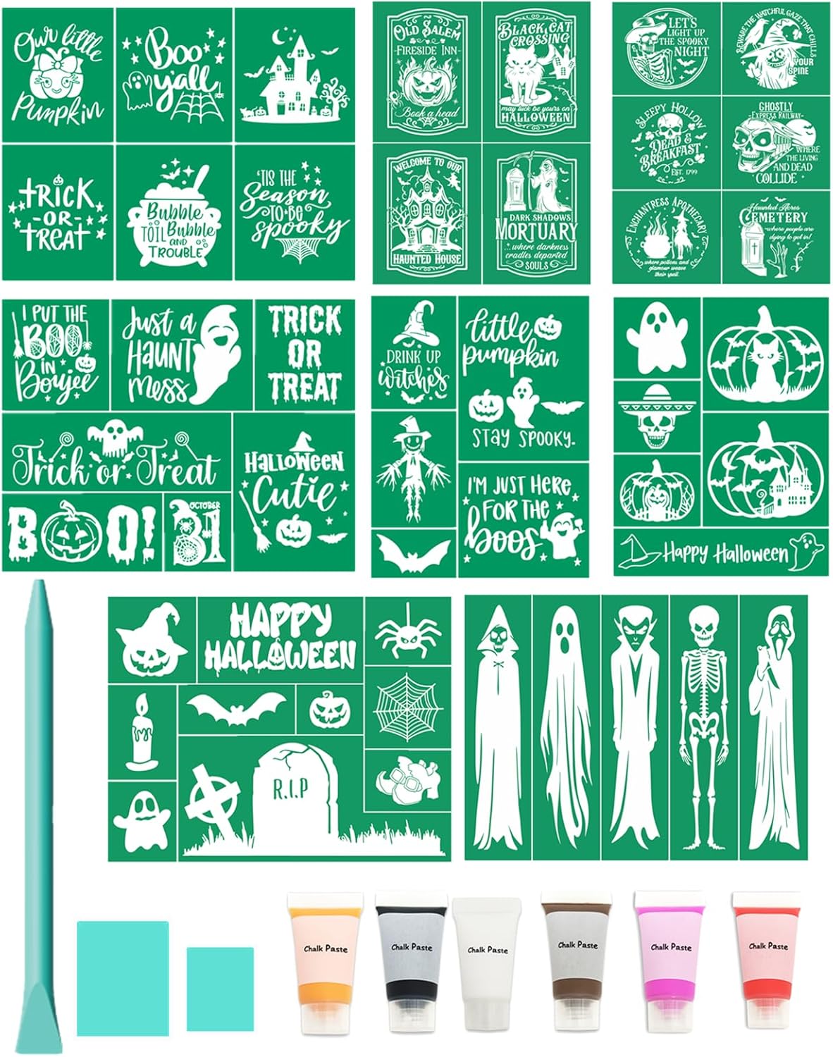 17 Pcs Fall Silk Screen Stencils Chalk Paste Paint, 8pcs Halloween Fall Adhesive Stencils Silk Screen Transfers, 6pcs 0.34oz/10ml Stencil Paint on Wood Shirts Holiday Halloween Home Decorations