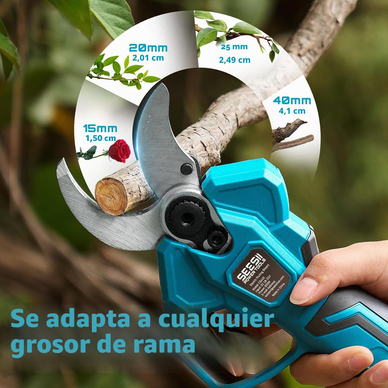 SEESII Tijeras de Podar Eléctricas 40 mm – Tijeras de Podar Batería con 2 * 4000 mAh, Hoja SK5, Motor sin Escobillas, Pantalla LCD para Jardinería, Paisajismo y Huertos, CS440