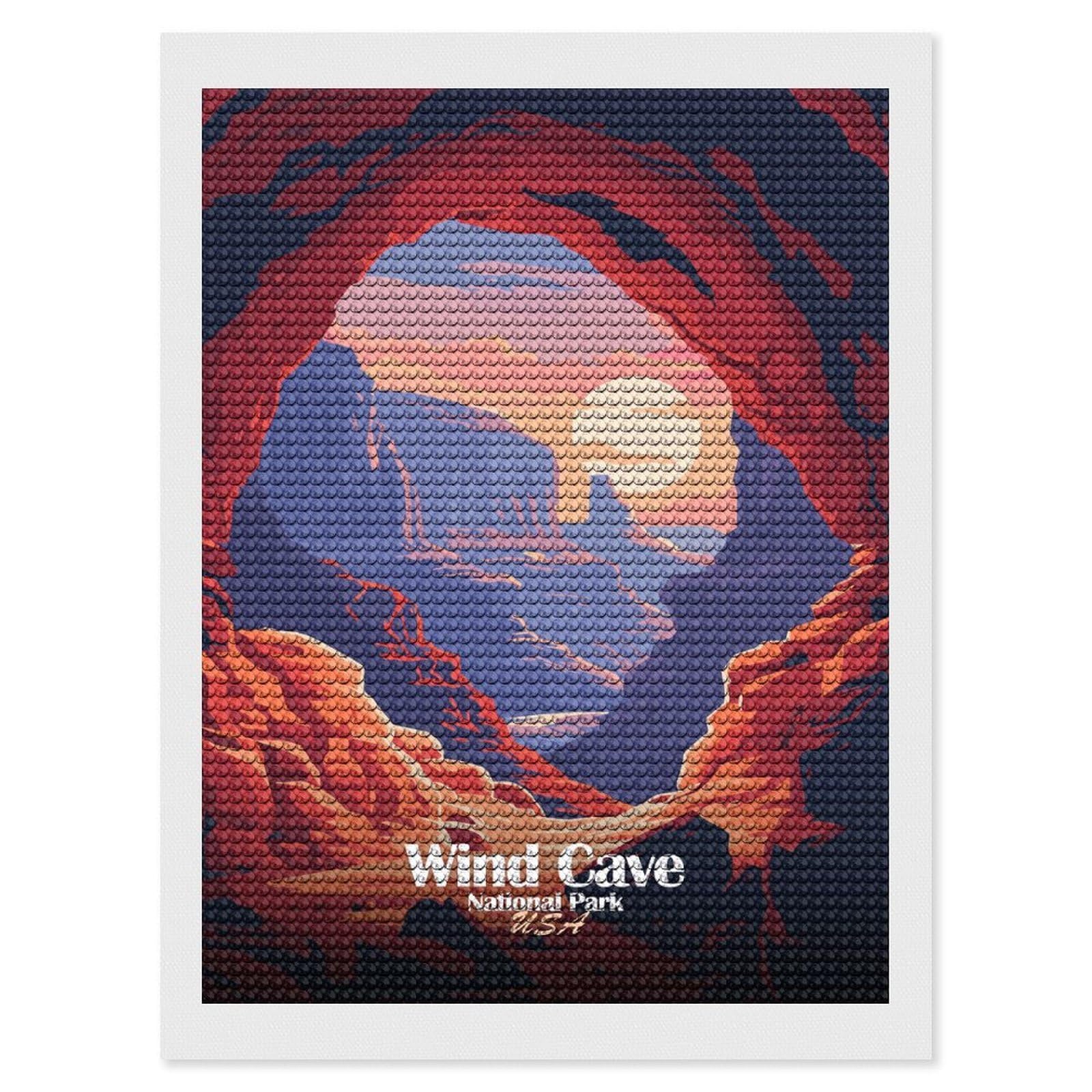 Junmoney Wind Cave National Park Illustration Round Drill Diamond Painting 12"x16", for Adults, Creative Leisure Activity, Office Decor, Holiday Gift Idea