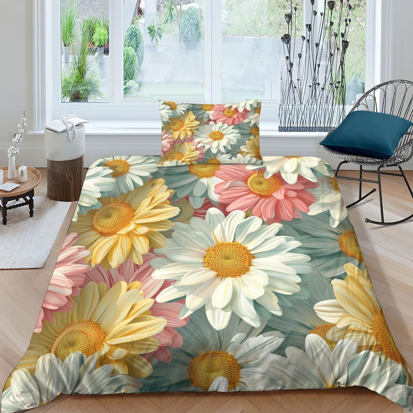Housse de couette marguerite anti-plis 135x200 lit enfant