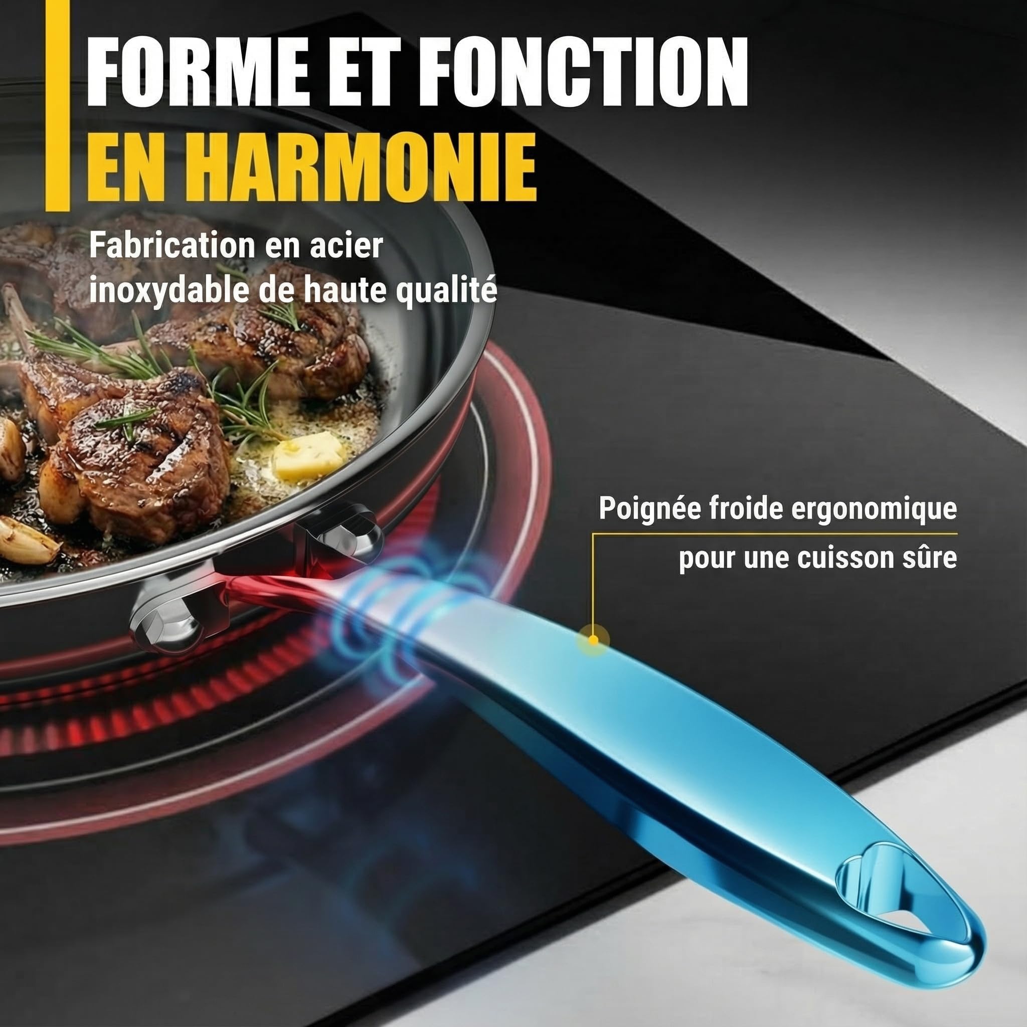Poêle en acier inoxydable 18/10 Ø 32cm | 5 couches - 3mm - 1,67 kg | Résistant au four jusqu'à 400°C | Poêle en acier inoxydable pour induction et Lavable au lave-vaisselle