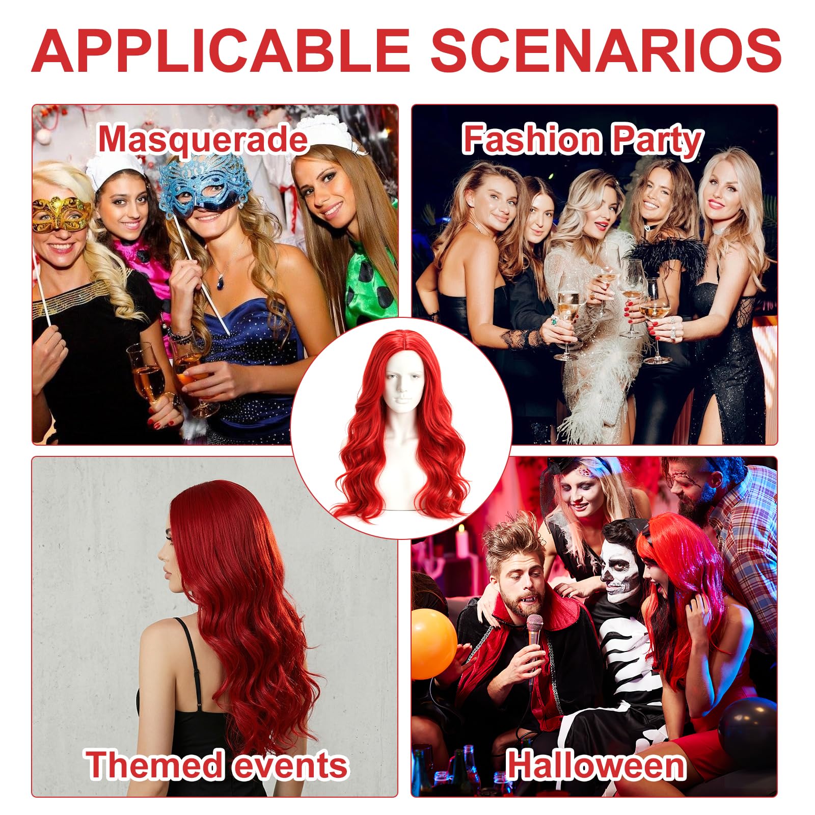 Peruka czerwona, damska, długa, naturalny wygląd, z grzebieniem na trzonku, czerwona peruka, długa, ruda peruka na Halloween, karnawał, Cosplay, syntetyczne czerwone włosy, peruka damska do