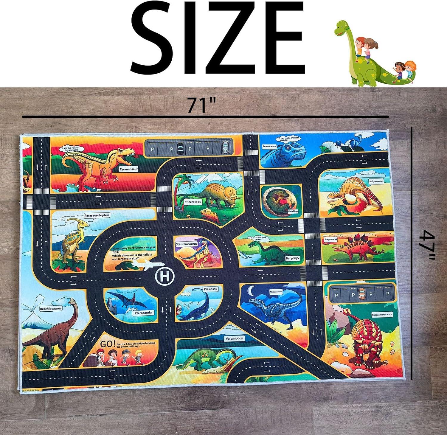 Cartoon Dinosaur Rug, Washable Dinosaur Mat with Road, Dino Play Mat Carpet for Boys Bedroom, Playroom (47"×71")