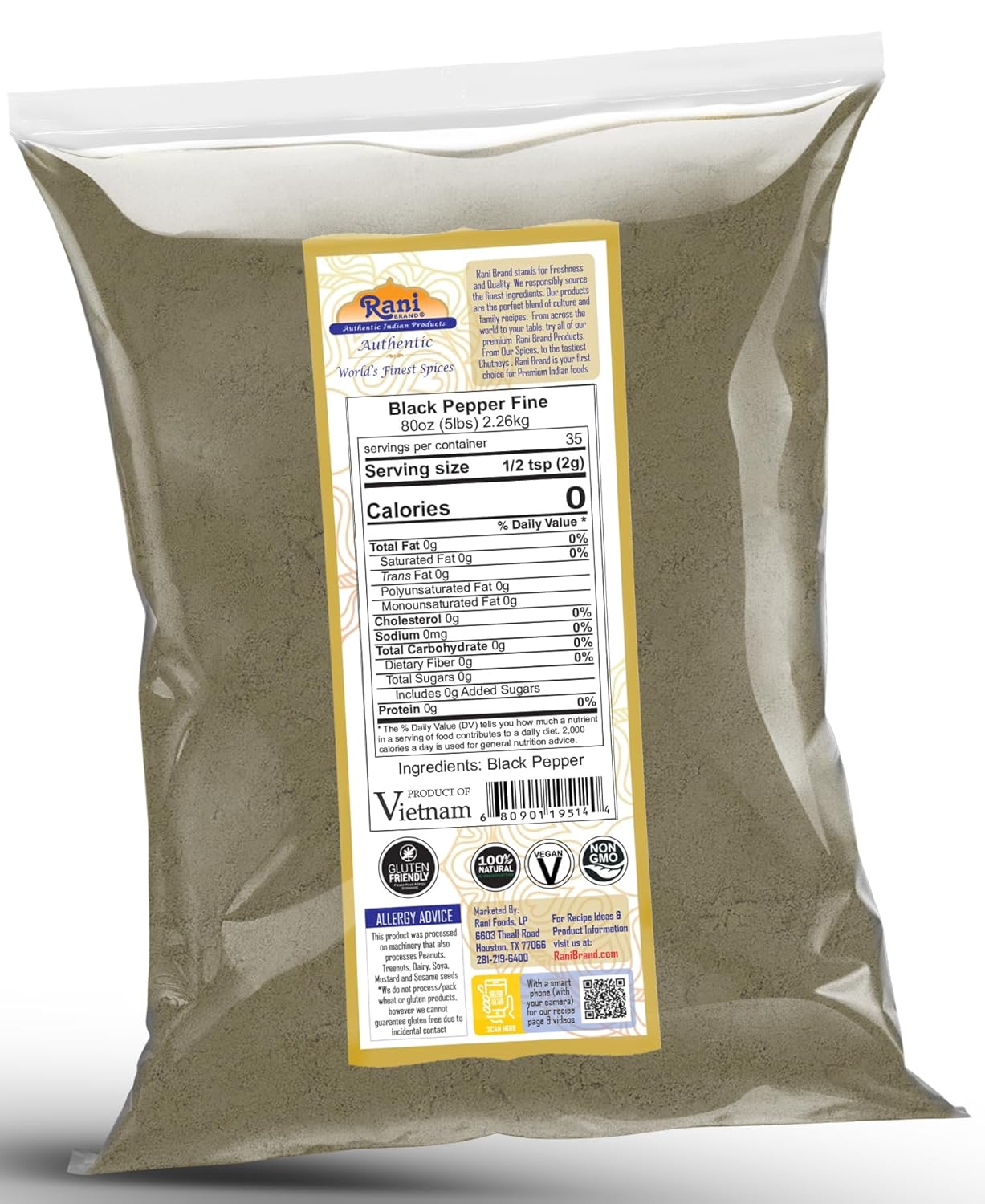 Rani Black Pepper Fine Powder 80 Mesh, 80oz (5lbs) 2.27kg Bulk ~ All Natural | Vegan | Gluten Friendly | NON-GMO | Kosher