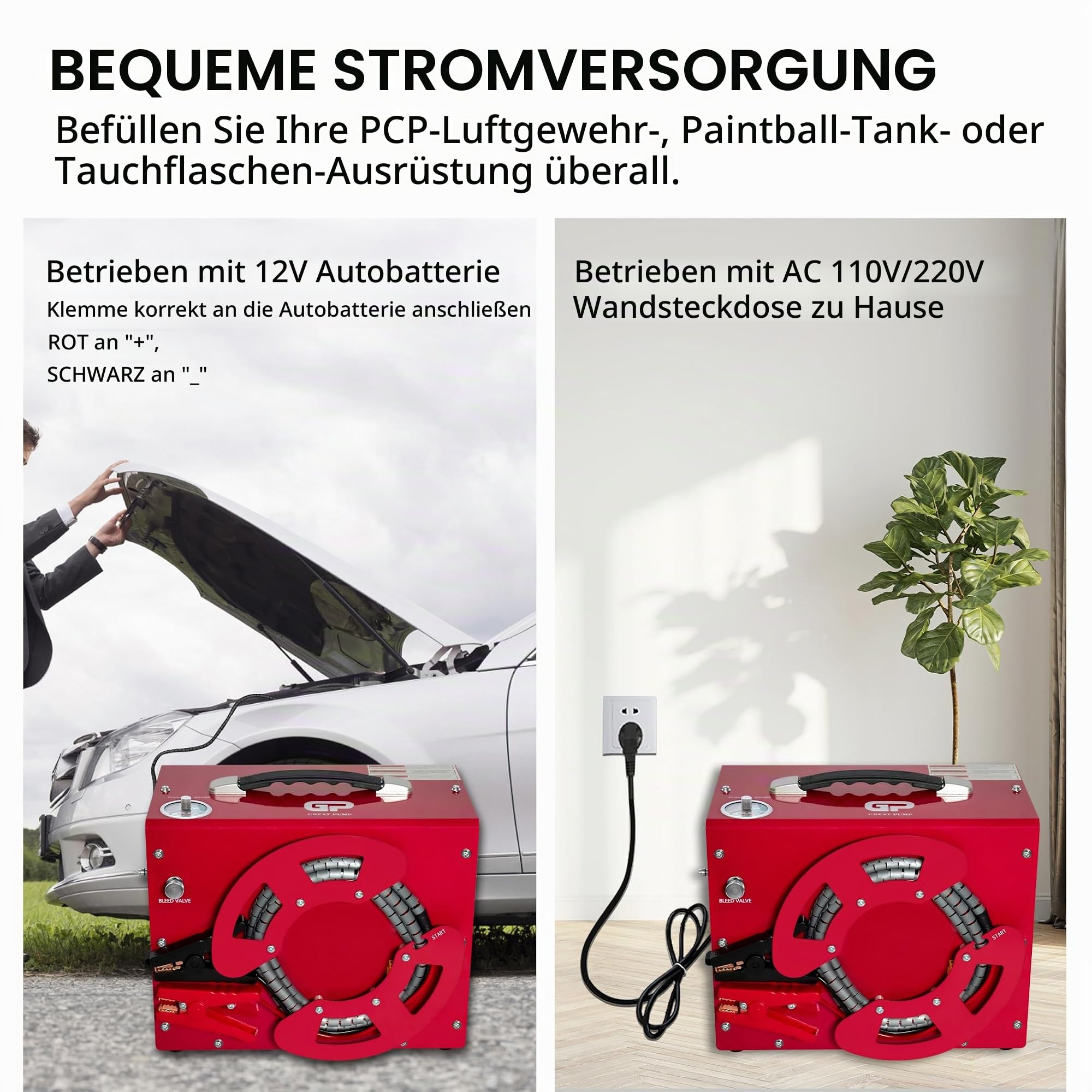 TUXING 4500Psi PCP-Luftkompressor, eingebauter Konverter/Wasser-Öl-Filter, Auto-Stopp, einzigartiges vertikales + tragbares Design mit Drahtspule, 220V Wechselstrom oder 12V Auto für Tauchflasche