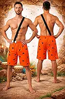 Fantasia Adulto Homem das Cavernas Masculina com Suspensório Integrado, Short Laranja com Triângulos Pretos em EVA, Osso Decorativo, Ideal para Carnaval, Halloween e Festas Temáticas