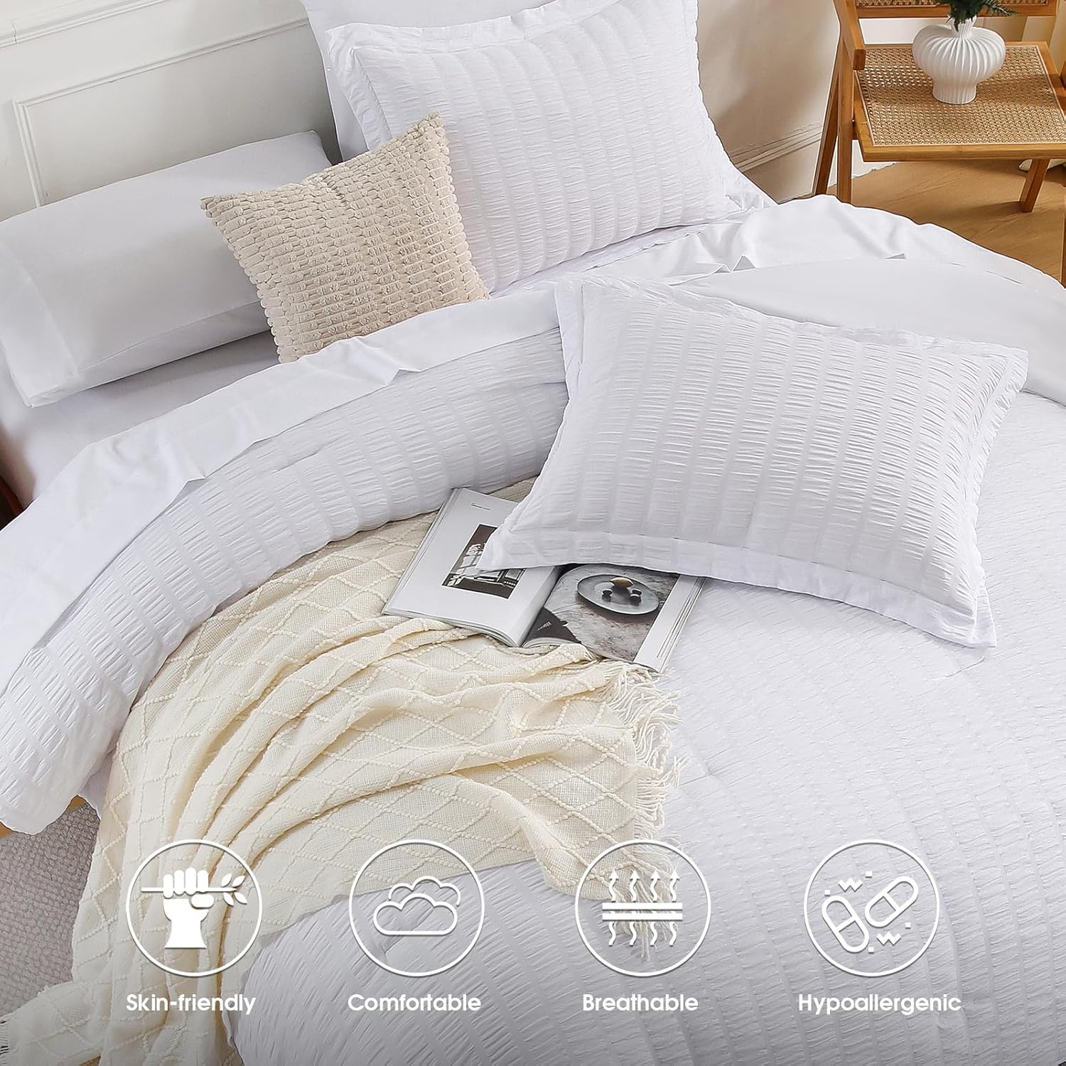 FreshCulture Comforter Set Seersucker 5 Pieces, All Season Bedding Set Twin XL, Bed in a Bag Comforter Set with Comforter, Flat Sheet, Fitted Sheet, Pillowcase and Pillow Sham, White