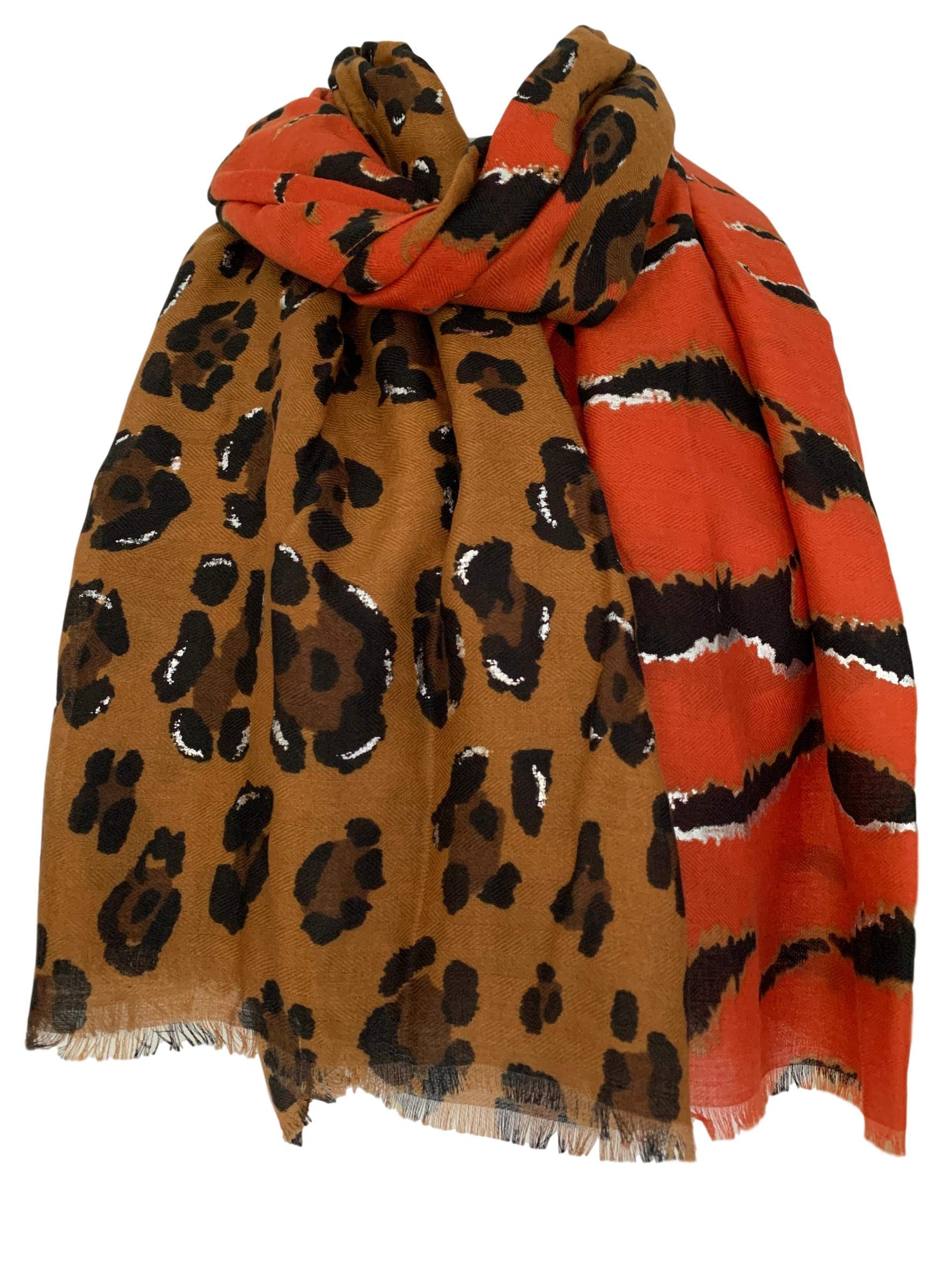 Purple Possum® Leopard Print Scarf Animal Print Zebra Stripes Wrap Ladies Silver Sparkly Large Shawl (Orange)