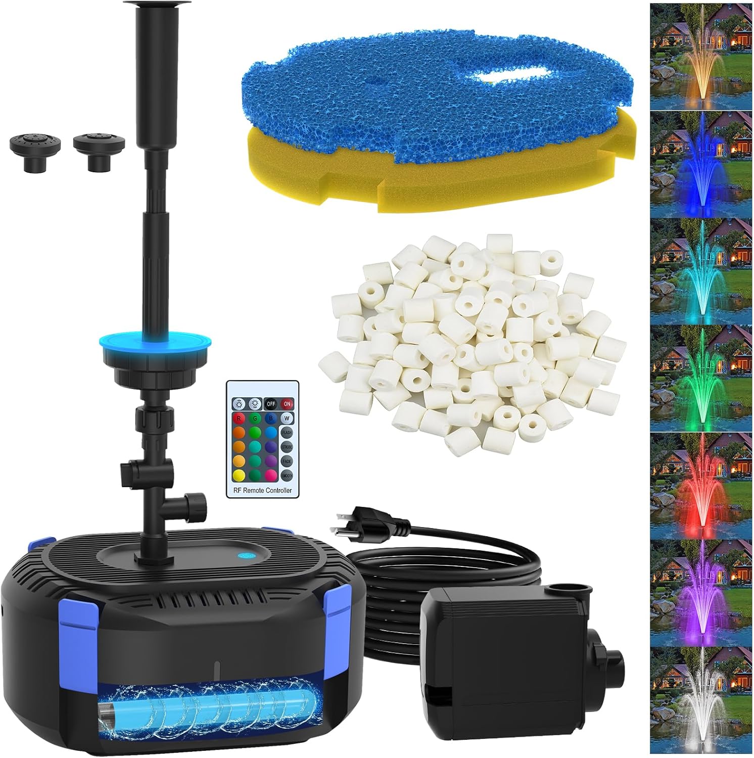 AquaMiracle All-in-1 Pond Fountain Kit 550GPH with 3-Spray Patterns Pond Filters System for Outdoor Ponds with Color LED & U - V Light to Clean Green Water Fountain Pump for 200-500 Gallon Ponds