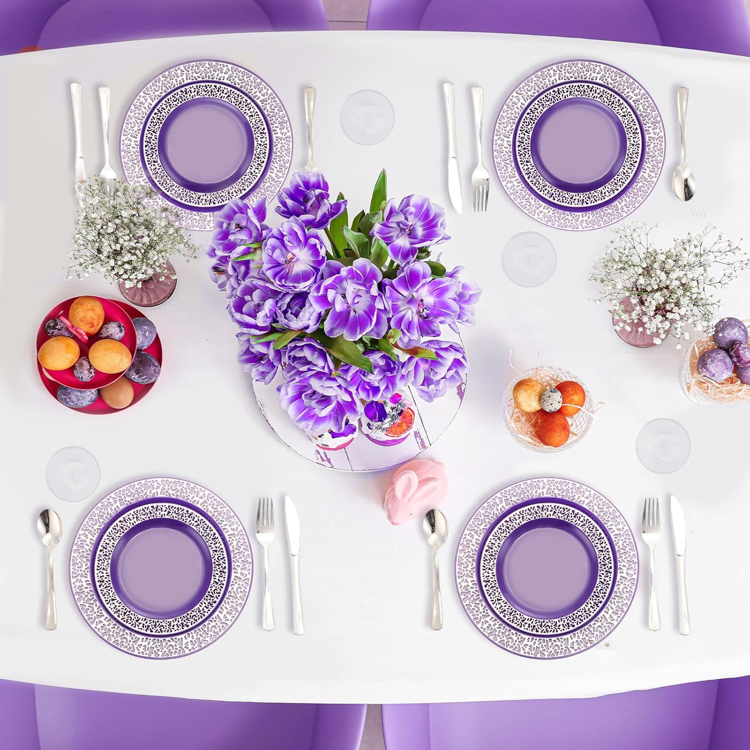 Suclain 600 Pcs Purple Plastic Plate Dinnerware Set for 100 Guests Including Purple Silver Rimmed Plates, Salad Plates, Silverware Set and Purple Rimmed Plastic Cups for Party Wedding Birthday