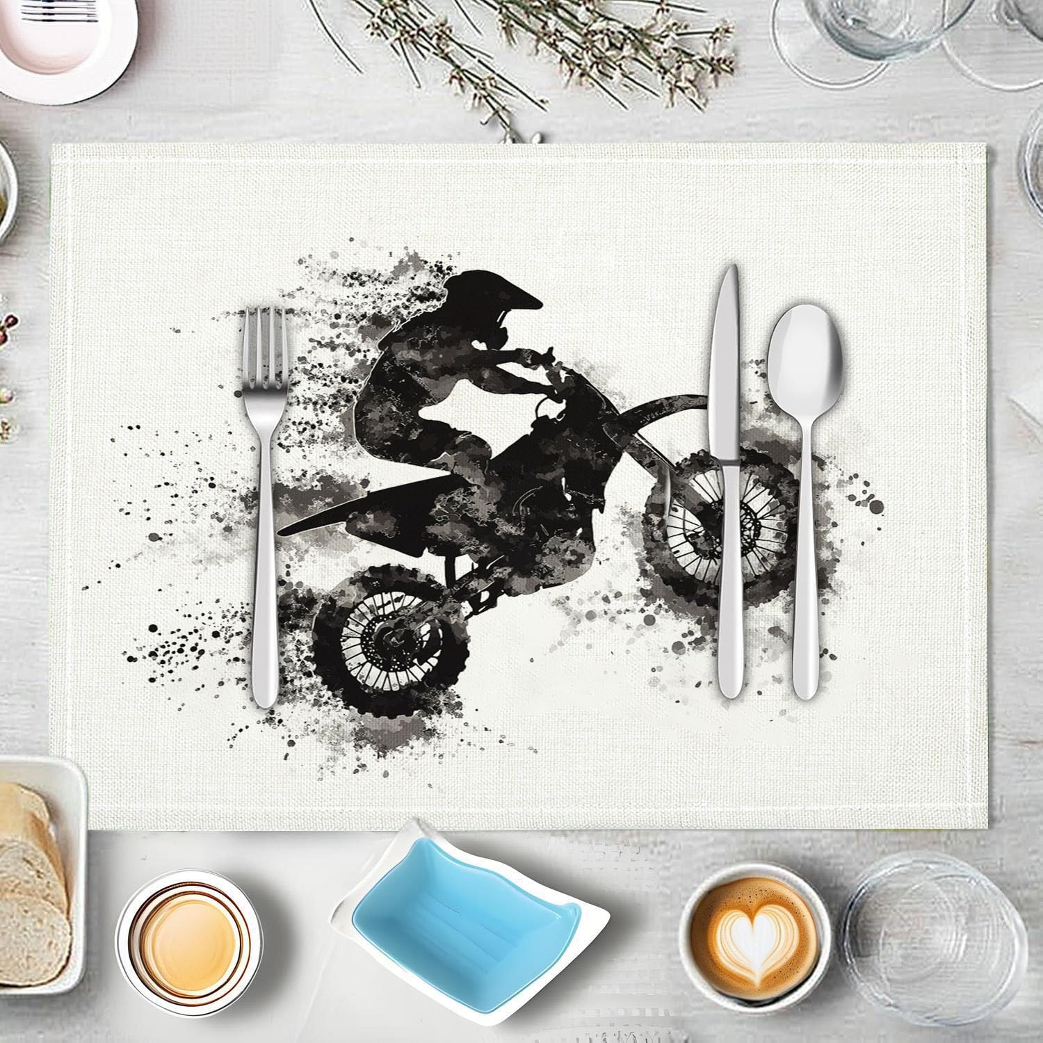 Set de Table Aquarelle Imprimé Motos Tout-Terrain - Lot de 6 Napperons Rectangulaires 30x45 cm