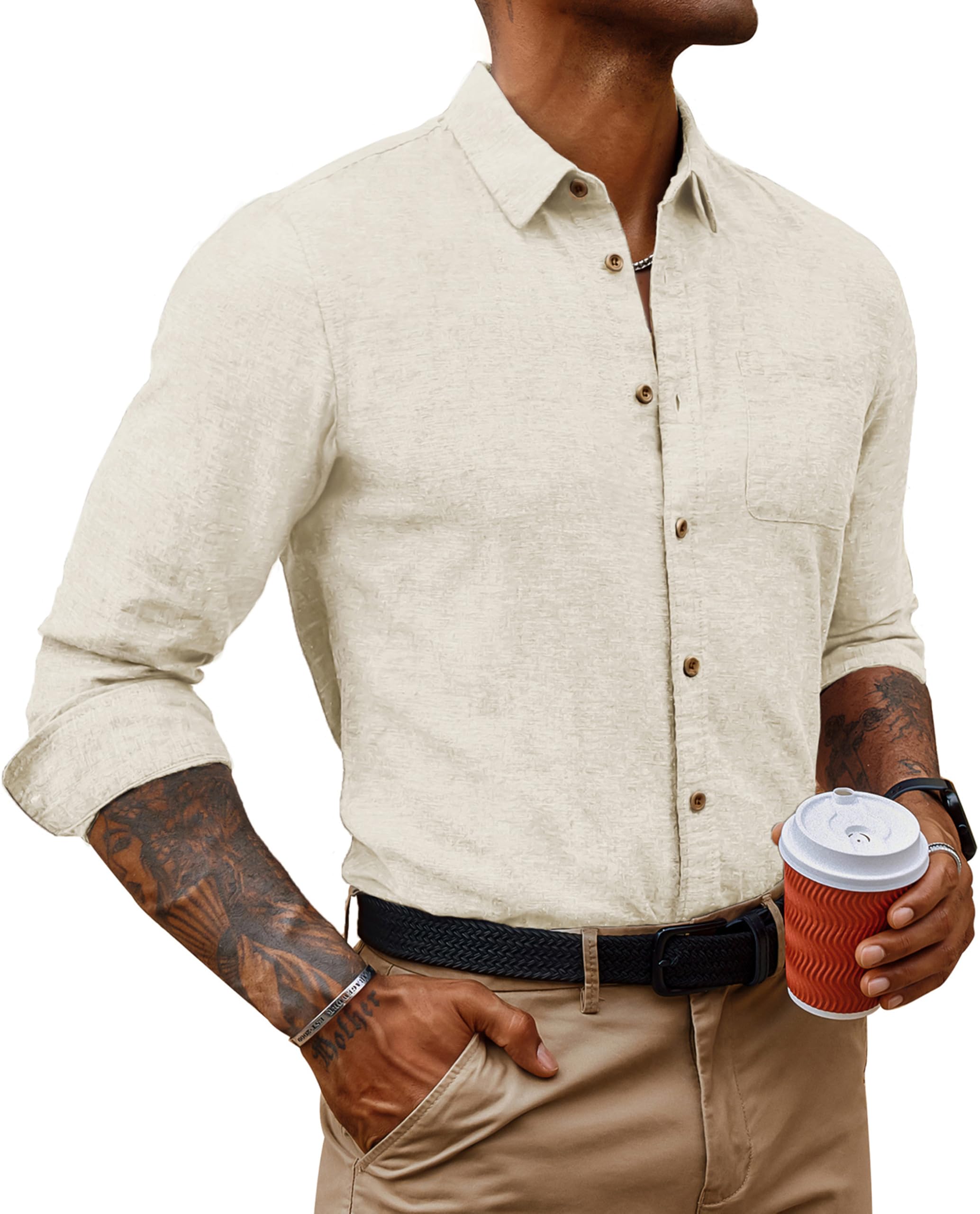 PJ PAUL JONES Men's Linen Shirts Casual Button Down Long Sleeve Shirt Lightweight Beach Shirt with Pocket