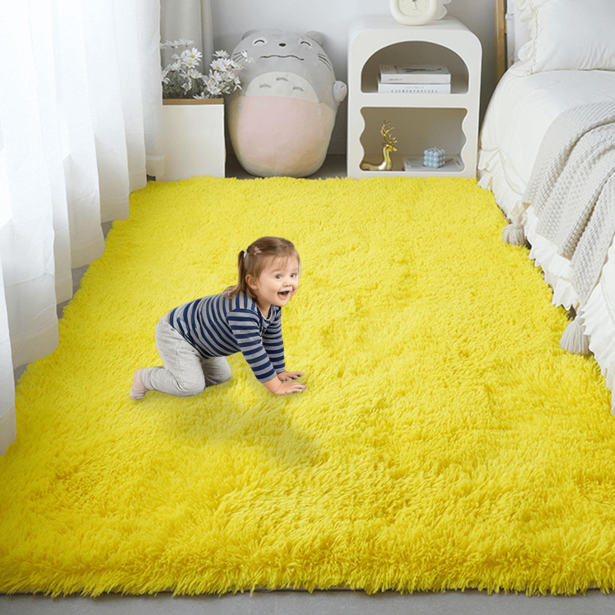 Tapis à poils longs jaune pour chambre et salon cocooning 180x240