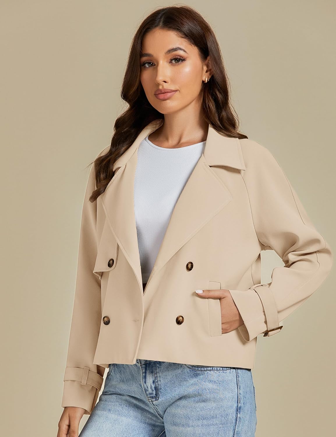 luvamia Cropped Trench Coat for Women Long Sleeve Double Breasted Notched Lapel Casual Loose Fit Jackets with Pockets - Image 3