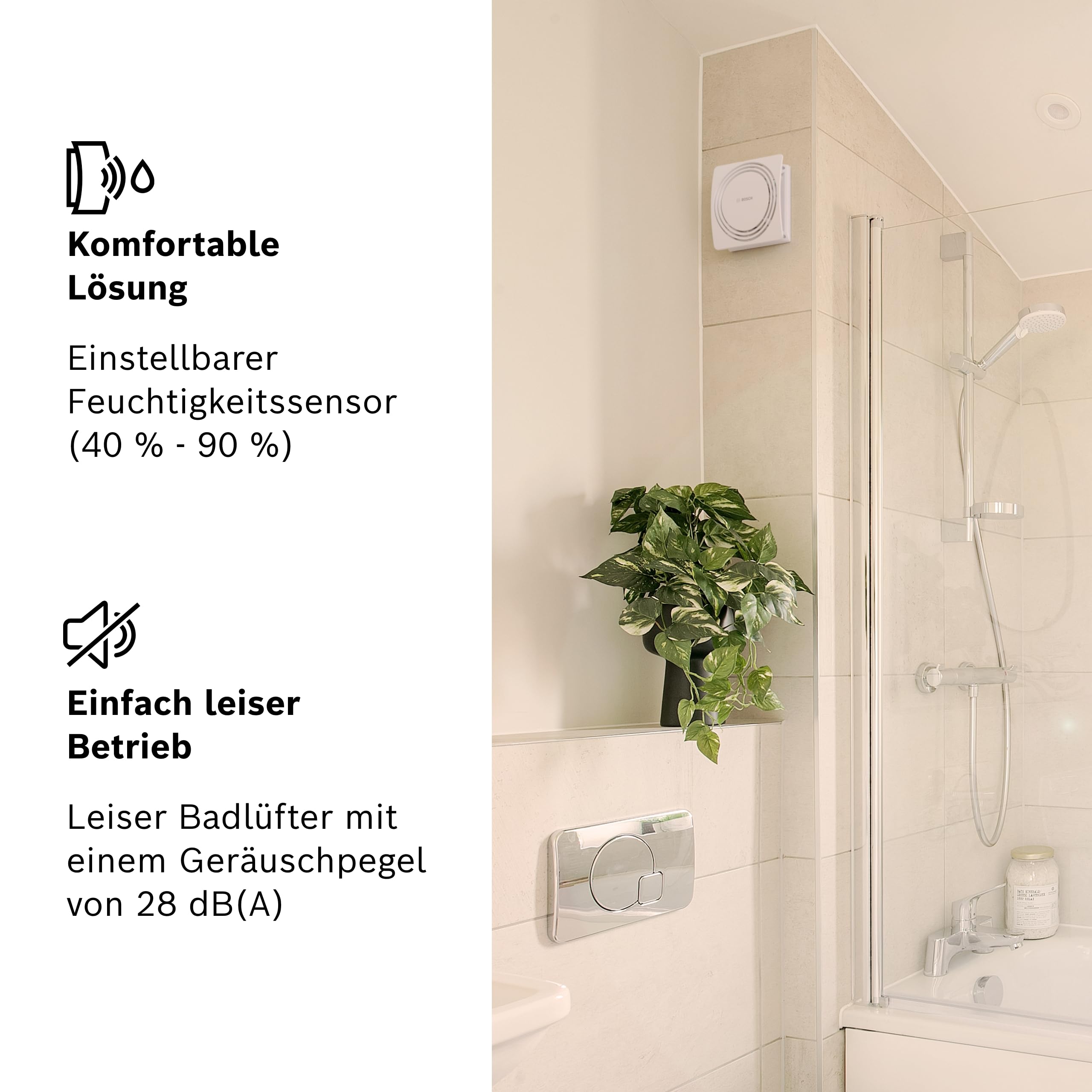 Bosch Leiser Badlüfter 1900 DH 100mm - Zur Belüftung von Bad und Toilette, gegen Feuchtigkeit und Schimmel – Mit Feuchtigkeitssensor und Zeitschaltuhr – 100 mm Durchmesser
